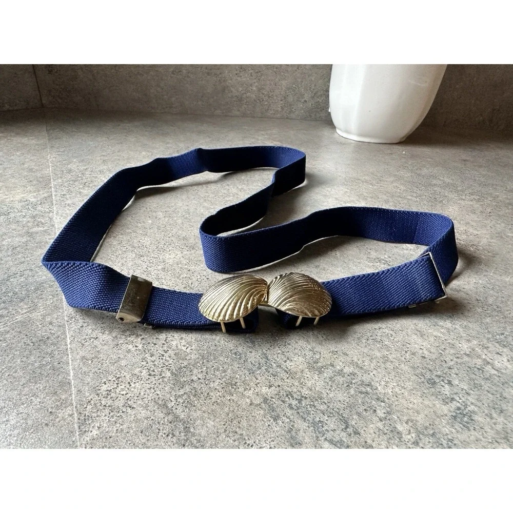 VIntage 80's Elastic Stretch Waist Belt Metal SeaShell Buckle Navy Nautical‎